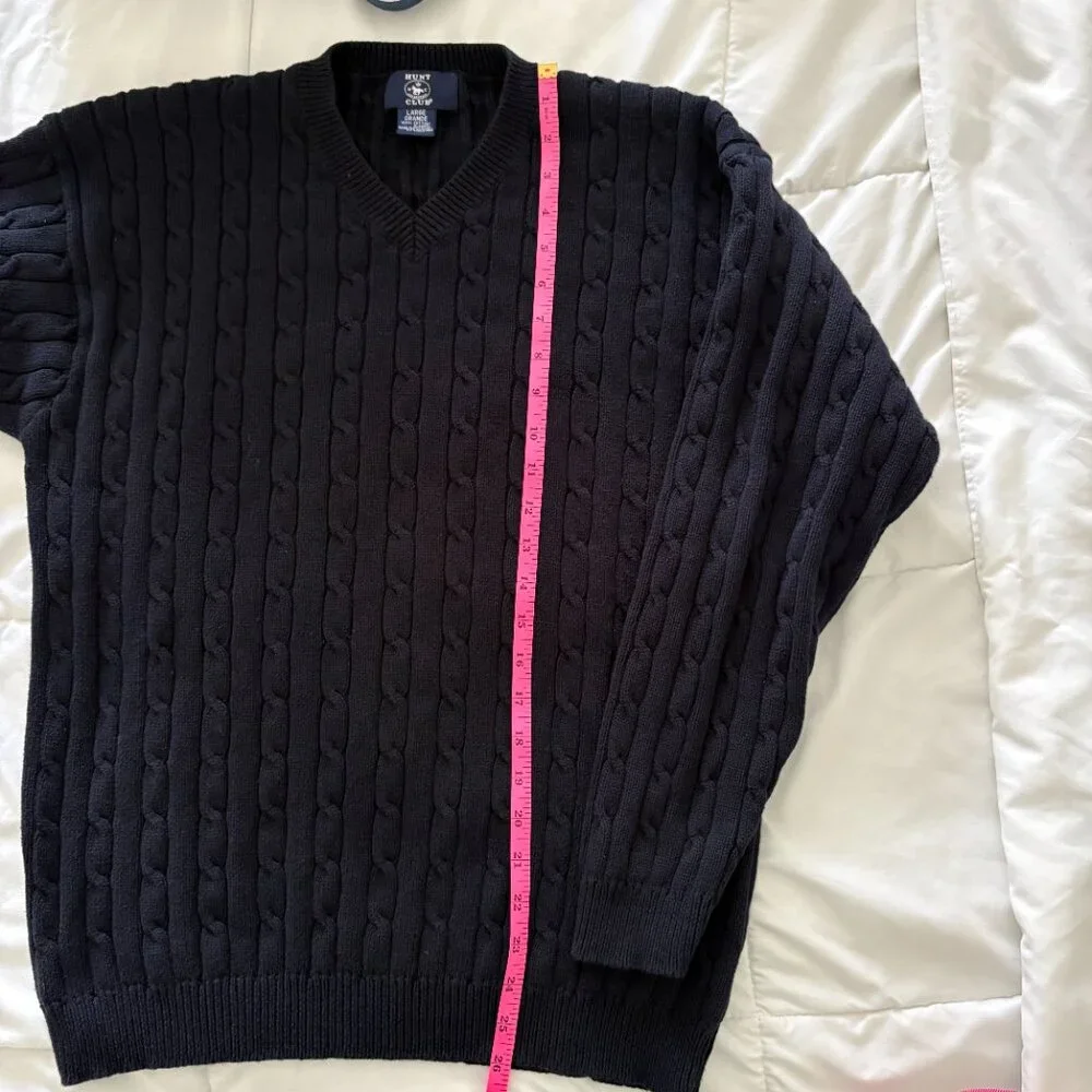Hunt Club Men's Cable Knit Sweater Black V Neck Cotton Preppy Grandpacore L